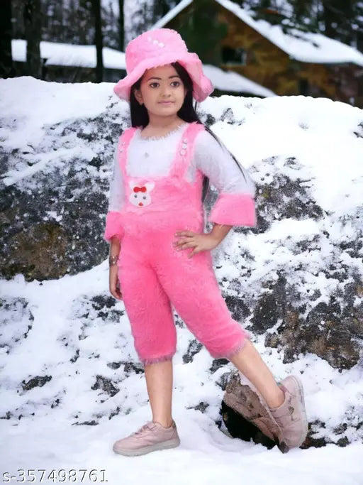 Pink colorblocked wool winter dress for kids (3/4 sleeves), pack of 1, India origin