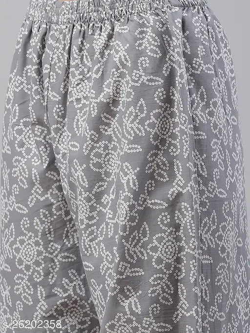 Grey printed cotton kurta set with palazzos, three-quarter sleeves, mandarin collar, and straight fit
