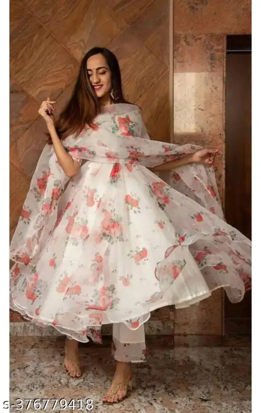 Georgette round neck long sleeve mill printed dress with net dupatta, versatile for formal weddings, office parties, or casual events