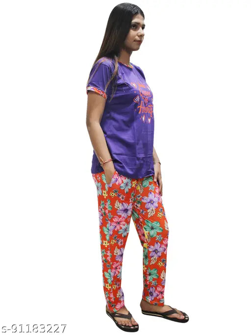 Matelco women's typography round cotton nightsuit with printed pattern, short sleeves and pyjama style bottoms, available in sizes M and L (Indian made)