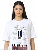 Black cotton blend oversized t-shirt for woman with BTS sign graphic and text