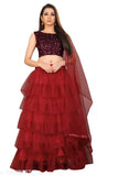 Red net A-line ceremonial lehenga with sequined blouse, embellished and ruffled dupatta - Indian semi-stitched traditional wear