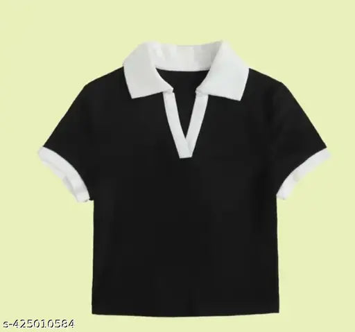 Black Lycra body with white collar cantras collar, solid design for women's fashion. Close-up of short-sleeved top on mannequin