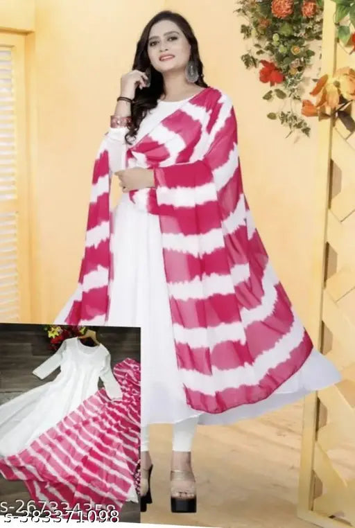 Style Salavar dupatta set, white, pink and red striped material