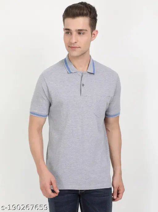 Grey cotton solid polo t-shirts for men, Masculino Latino brand, short sleeves, pocket detail, sizes XXL to 5XL