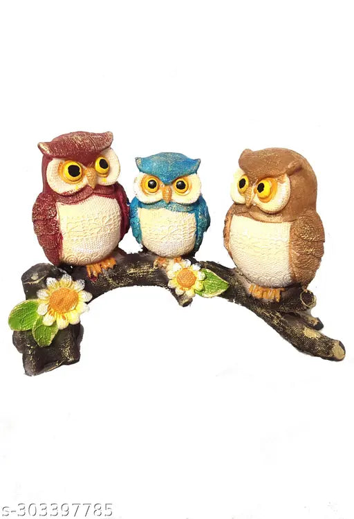 Ashish Collection poly resin owl family figurine, sitting on tree branch showpiece statue for home decor and Vastu compliant - 14cm