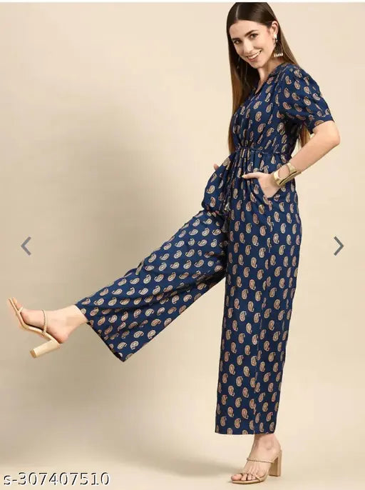 Navy blue rayon printed net short sleeve jumpsuit on mannequin, size M