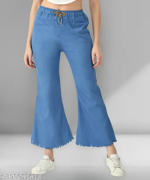 Light blue stretchable premium denim flared jogger jeans for women, high waisted