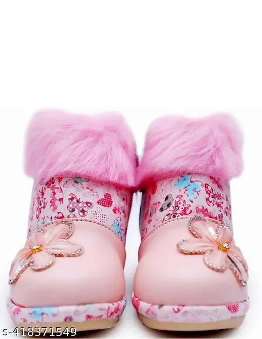 Synthetic leather girls boots with printed design, ideal for baby girls aged 0-9 years, buckle fastening & back detail, made in India