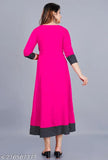 Pink rayon flared kurti with three-quarter sleeves, hand wash or machine washable. Size XS (Bust 34", Length 48") - XXXL (Bust 46", Length 48"). Casual to formal wear
