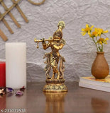 Metal Krishna idol playing flute for home decor, temple use, and gifting - 10cm L x 6cm B x 23cm H