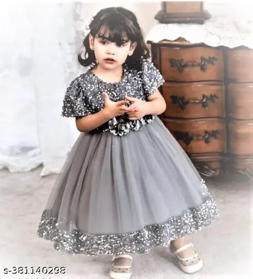 Grey embellished net frock for baby girl, Indian made