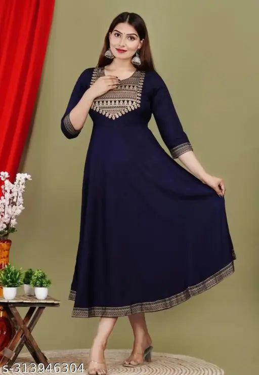 Dark blue, ankle length kameez with fitted silhouette and long sleeves