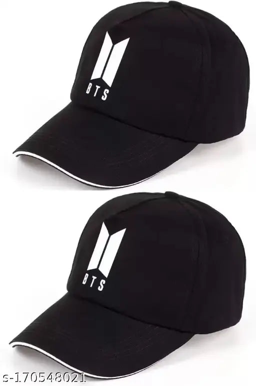 Embroidered cotton BTS combo cap for boys and girls, two pack - Indian-made pop culture caps on display