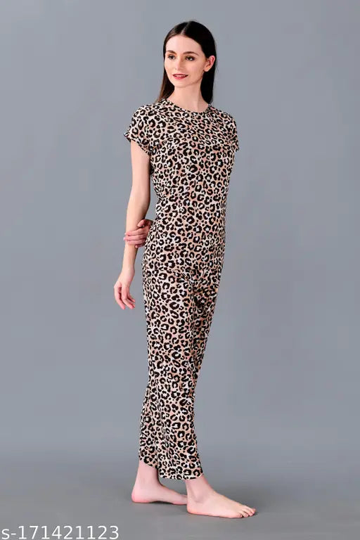 Multicolor printed cotton blend nightdress for women, short-sleeved t-shirt style pyjamas with vibrant design, India origin