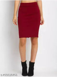 Red stretchable pencil knee length mini skirt with elastic waist, high quality