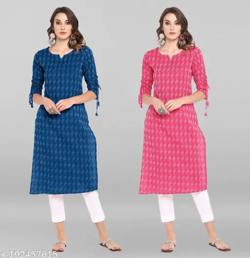Brightly colored women's kurta sets. Three-quarter length, embroidered borders, easy fit