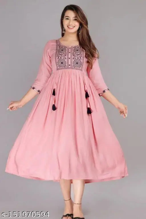Embroidered rayon pink kurtis, three-quarter sleeves, Indian fashion for bold women