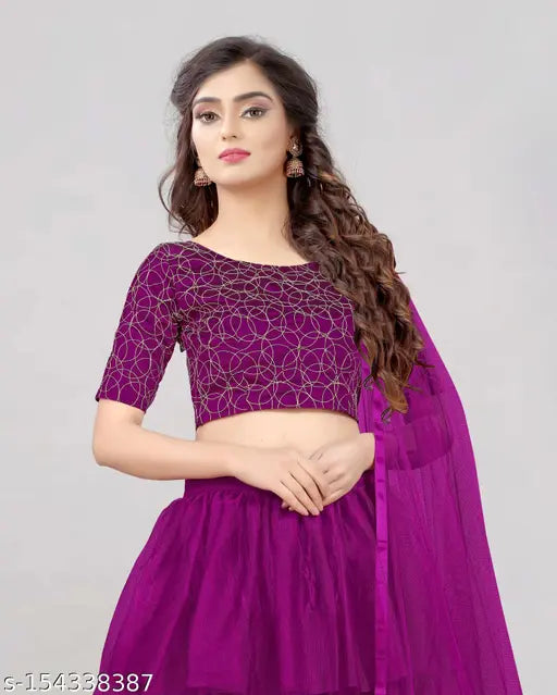 Embroidered satin lehenga with net dupatta and choli, semi-stitched in ruffled design. Free size, alterable up to waist 42 inches, Indian origin