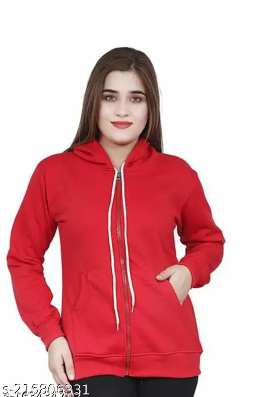 Red fleece jacket with a high collar and drawstring hood