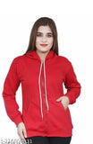 Red fleece jacket with a high collar and drawstring hood