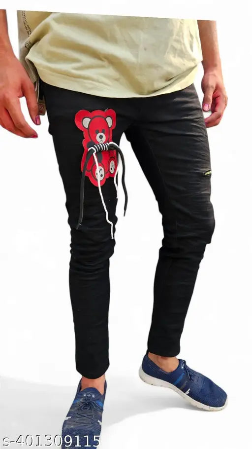 Black denim men's pant with placement print, size 26/28/30 for teddy fit, made in India