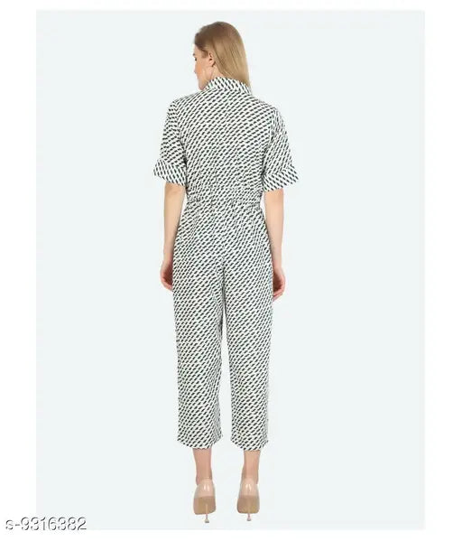 White printed crepe jumpsuit for women, short sleeves, Avyanna Stylis brand