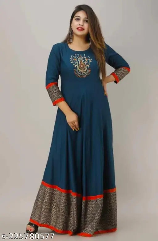 Rayon navy blue embroidered ethnic motif round neck anarkali kurta XL, 4XL, 5XL - Indian women's party wear fashion