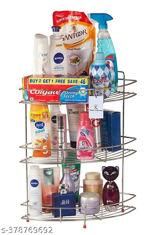 Silver multipurpose storage corner rack in kitchen with various items on it