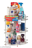 Silver multipurpose storage corner rack in kitchen with various items on it