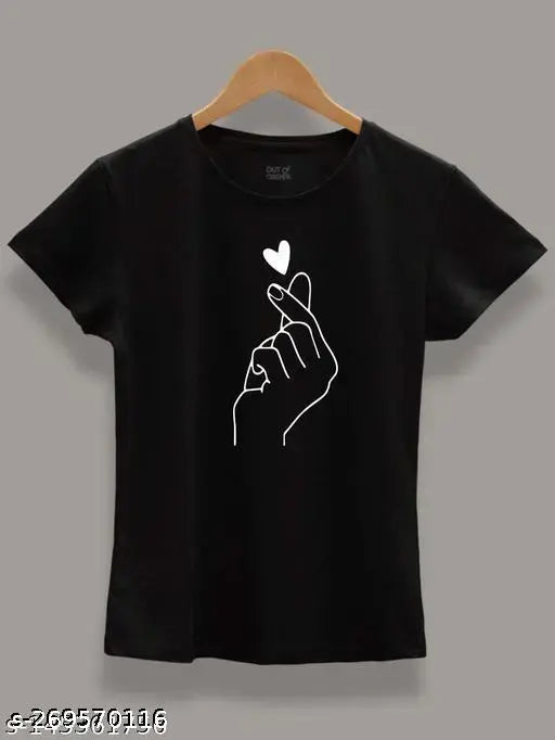 Black 100% cotton ladies tshirt with white heart hand print design, round neck, half sleeves.