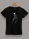 Black 100% cotton ladies tshirt with white heart hand print design, round neck, half sleeves.