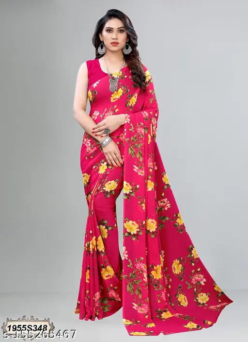 Georgette saree with blouse, red and gold color, floral design