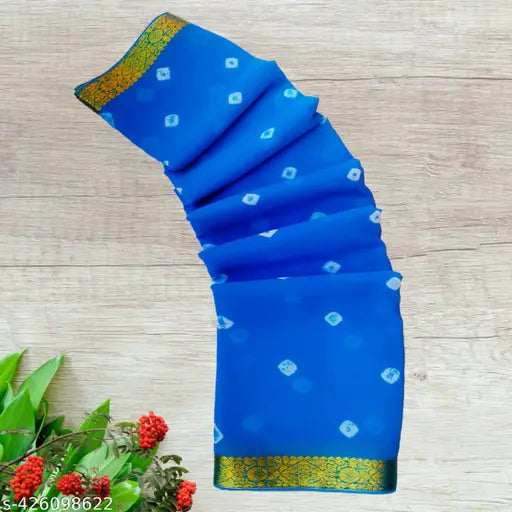 Active Bandhani Chiffon saree with zari border, printed net pattern, free size, India origin