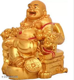 Gold-toned feng shui laughing Buddha statue with ingot coins, 74cm tall on chair, India origin
