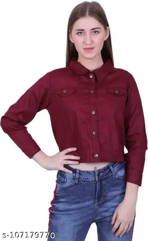 Maroon denim full-sleeve jacket, solid pattern for women's fashion. Made in India