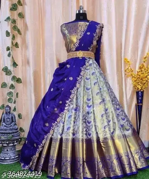 Unstitched Kanjivaram silk pattu pavadai for girls, Traditional Indian lehenga-dupatta set in free size