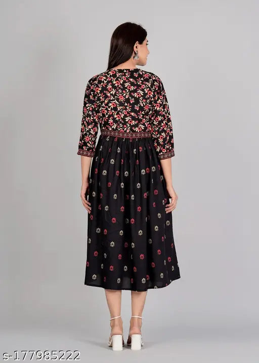 Rayon three-quarter sleeve printed Anarkali gown kurti, stylish trendy ethnic wear for women's festive and party outfits (India)