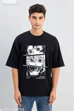 Black cotton blend printed round neck t-shirt for men, half sleeve, stylish and versatile for various sports activities