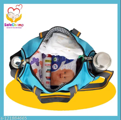 Sky blue SafeChamp Chick Chick multipurpose diaper bag, with multiple pockets and compartments for baby essentials