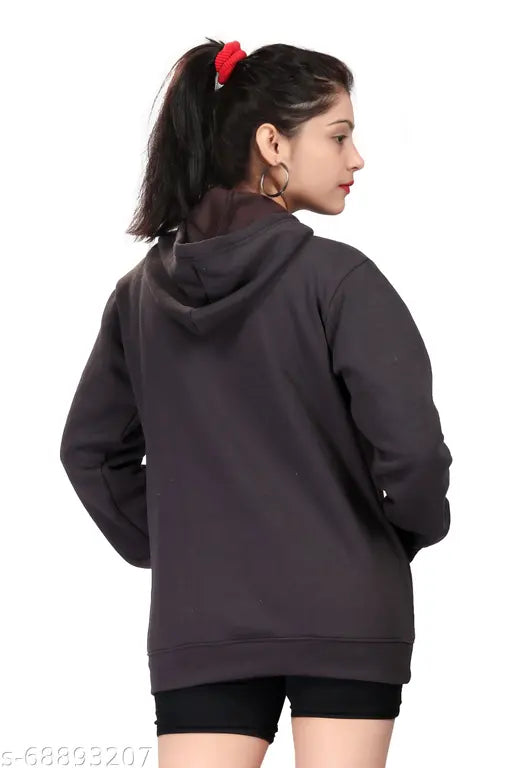 Women's cotton fleece hoodie with cap and kangaroo pocket, ideal for light warm wear in solid color. Sizes available: S (39in bust, 27in length) M (41in bust, 28in length). Made in India