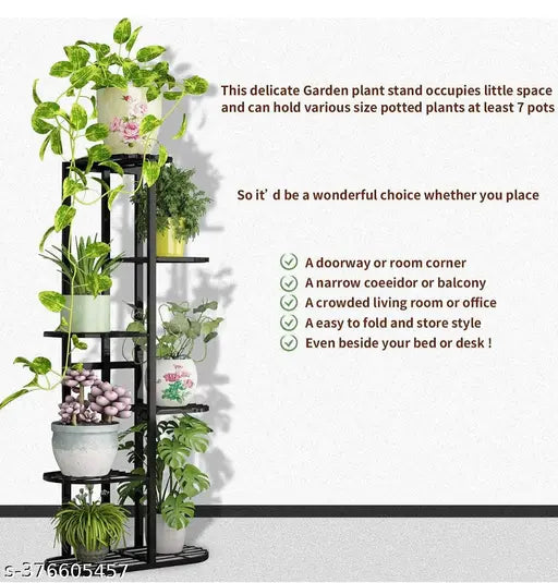 Plant stand, metal, 6 tier, 7 potted plants, indoor-outdoor, patio, garden, corner