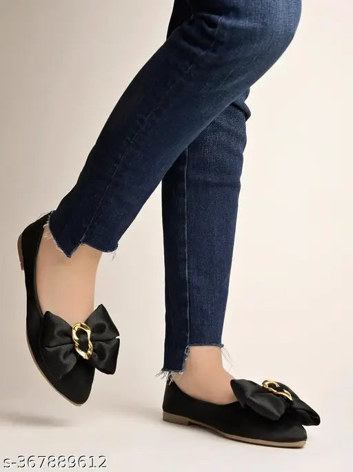 Synthetic black ballerinas with oversized bow detail and slip-on design, comfortable for women - Shoetopia India