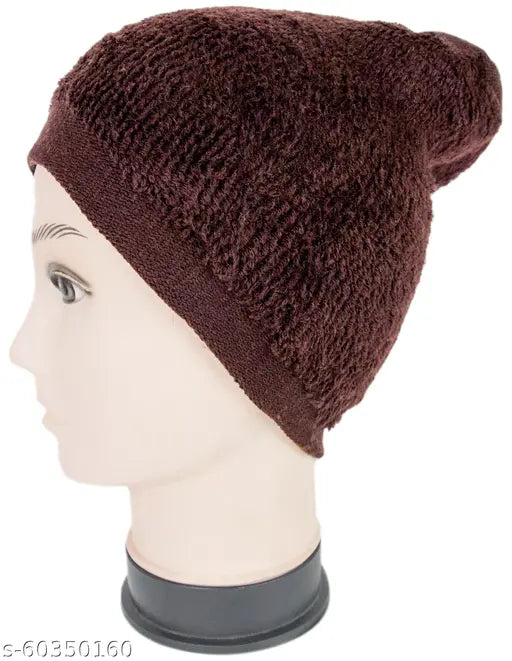 Dark brown woolen beanie cap for men & women, solid pattern, cozy and expandable - Neska Moda