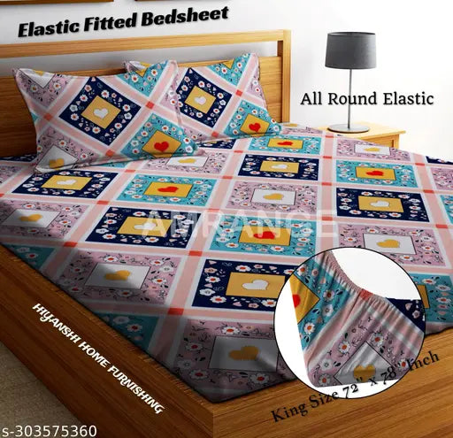 Blue Glace Cotton Fitted Double Bedsheet, 72 x 78 (Inches), 8-inch Drop, 2 Pillow Covers. Breathable, wrinkle-free, and easy to wash. Ideal for 48-inch mattresses. Indian origin