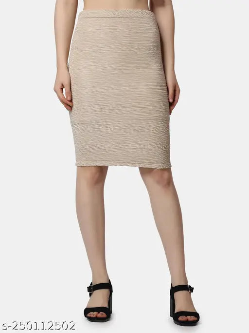 Women's solid pencil cream skirt, polyester, solid pattern, available in sizes 26, 28, 30, 32, 34. India-made fashion staple for various body types