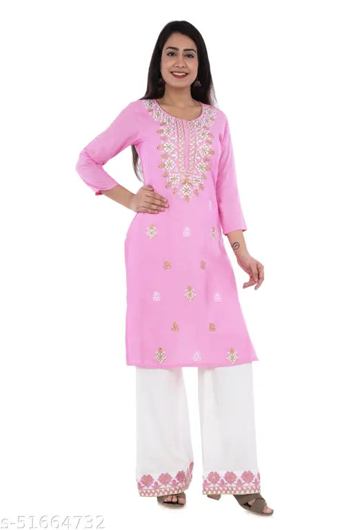 Embroidered rayon women's kurti & palazzo set, three-quarter sleeves, printed all over, India origin