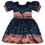 Silver silk blend knee-length flare pattu pavadai dress for girls (6-9 months - 5-6 years), elegant Indian attire with printed net pattern and long sleeves