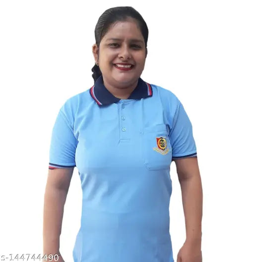 Sky blue cotton blend embroidered net Girls Ncc T-shirt, short sleeves with collar design and button closure, smart grip at sleeve ends, pocket on left chest featuring NCC emblem, suitable for rugged use. Made in India