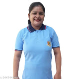 Sky blue cotton blend embroidered net Girls Ncc T-shirt, short sleeves with collar design and button closure, smart grip at sleeve ends, pocket on left chest featuring NCC emblem, suitable for rugged use. Made in India